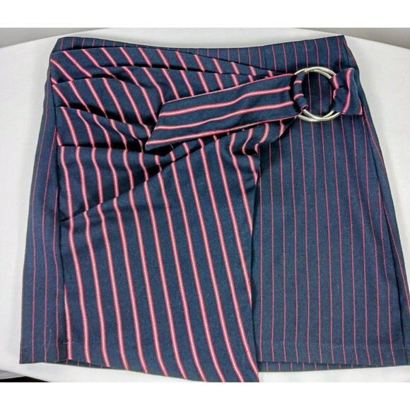 Bershka Mini Skirt Size L Blue Red Buckle Asymmetrical NWT - Picture 1 of 7